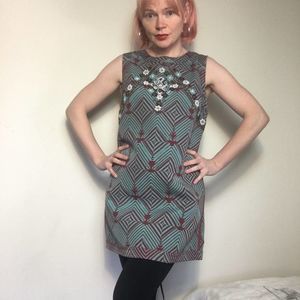 Free People Teal and Maroon Geo Embroidered Midi Dress